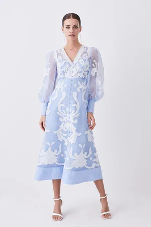 Karen Millen Petite Applique Organdie Buttoned Woven Midi Dress