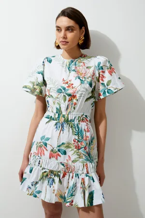 Karen Millen Tropical Printed Cotton Woven Mini Dress