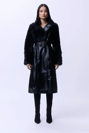 Karen Millen Shearling Mix Panelled Leather Belted Trench Coat