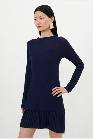 Karen Millen Rib Knitted 2 In 1 Dress With Georgette Pleated Slip