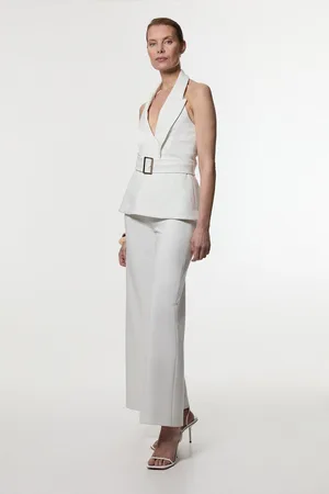 Karen Millen Compact Stretch Halterneck Tailored Wide Leg Jumpsuit