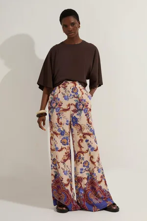Karen Millen Premium Viscose Linen Paisley Border Print Woven Wide Leg Trouser