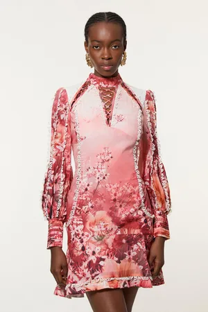 Karen Millen Tall Trailing Floral Woven High Neck Mini Dress