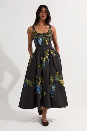Karen Millen Petite Floral Embroidered Cotton Linen Woven Prom Dress