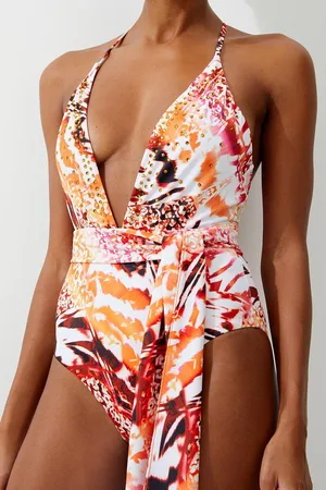 Karen Millen Statement Print Embellished Trim Tie Detail Swimsuit