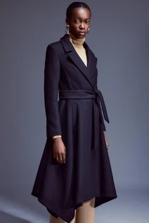 Karen Millen Italian Manteco Wool Blend Double Breasted Belted High Low Trench Coat