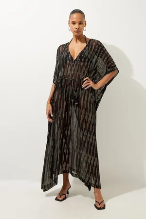 Karen Millen Tie Waist Metallic Thread Woven Plunge Beach Maxi Dress