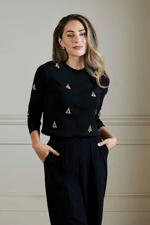 Karen Millen Lydia Millen All Over Embellished Dry Handle Viscose Blend Knit Cardi