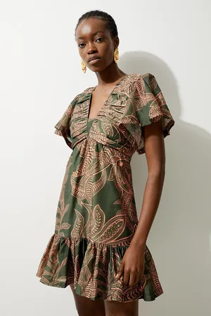 Karen Millen Batik Print Cotton Voile Puffy Sleeve Woven Mini Dress