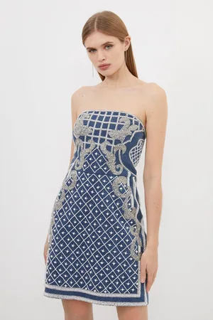 Karen Millen Premium Pearl Embellished Woven Bandeau Mini Dress