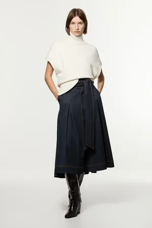 Karen Millen Tailored Denim Full Skirted Belted Midaxi Skirt