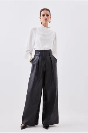 Karen Millen Petite Faux Leather High Waisted Wide Leg Trousers