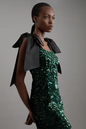 Karen Millen Velvet Sequin Woven Mini Dress With Taffeta Bow Tie Detail