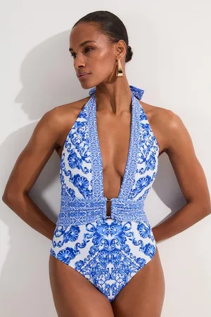 Karen Millen Blue Scarf Print Plunge Swimsuit