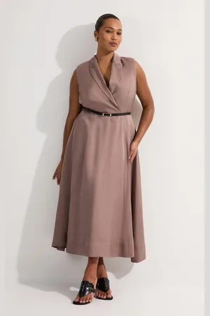 Karen Millen Plus Size Premium Viscose Linen Tailored Full Skirt Midi Dress - Taupe