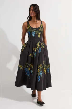 Karen Millen Floral Embroidered Cotton Linen Woven Prom Dress