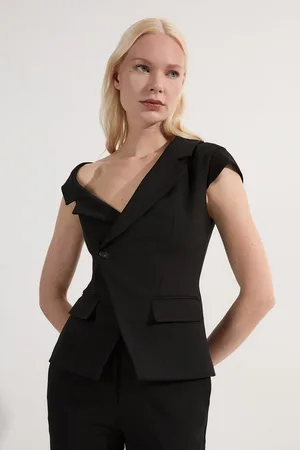 Karen Millen Compact Stretch Asymmetric Collar Belted Tailored Top