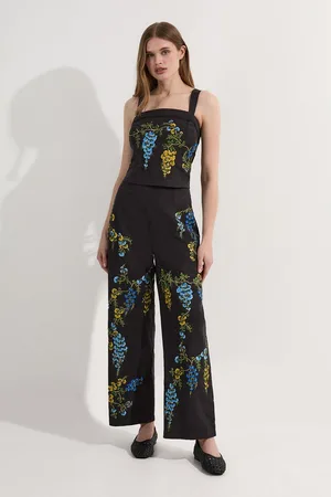 Karen Millen Floral Embroidered Cotton Linen Woven Wide Leg Trousers