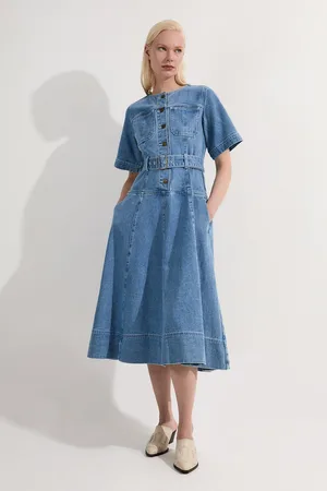 Karen Millen Denim Soft Wash Short Sleeve Belted Midi Dress