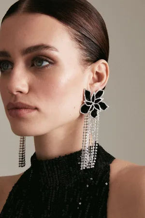 Karen Millen Flower Statement Diamante Drop Earrings