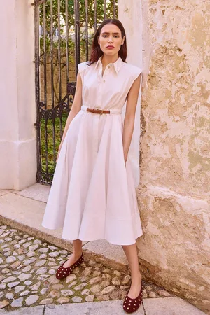 Karen Millen Tailored Cotton Belted Collared Full Midi Dress