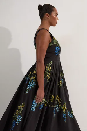 Karen Millen Plus Size Floral Embroidered Cotton Linen Woven Prom Dress