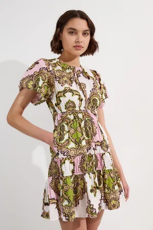 Karen Millen Petite Shirred Cotton Tiered Tile Print Woven Mini Dress