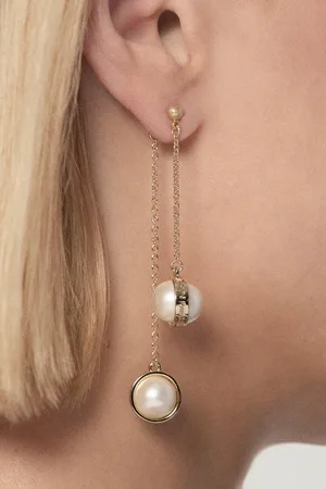 Karen Millen 14k Plated Logo Pearl Double Drop Earrings