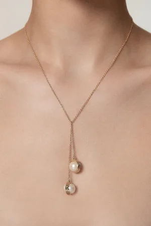 Karen Millen 14kt Plated Logo Pearl Double Drop Necklace