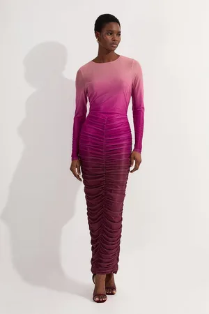Karen Millen Ombre Printed Mesh Ruched Long Sleeve Maxi Dress