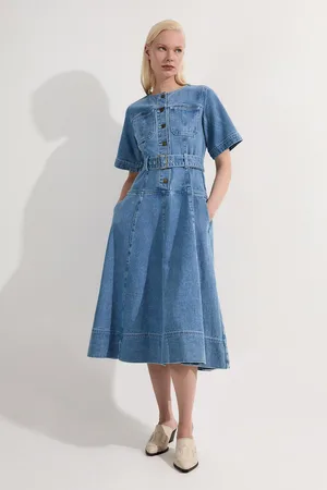 Karen Millen Petite Denim Soft Wash Short Sleeve Belted Midi Dress