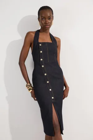 Karen Millen Tailored Denim Halter Neck Pencil Midi Dress
