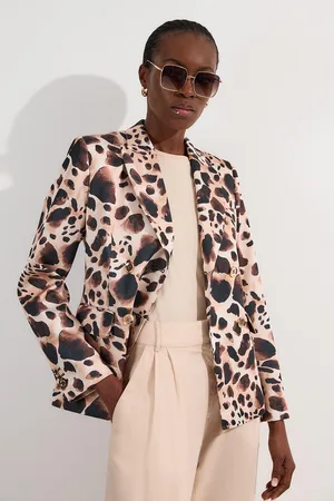 Karen Millen Structured Viscose Satin Animal Print Double Breasted Blazer