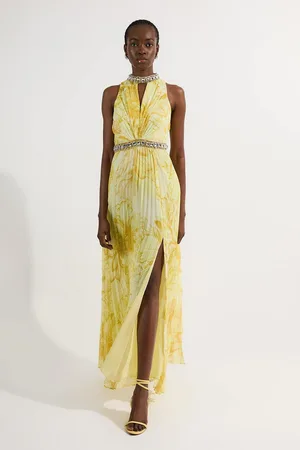 Karen Millen Abstract Floral Crystal Embellished Woven Split Maxi Dress