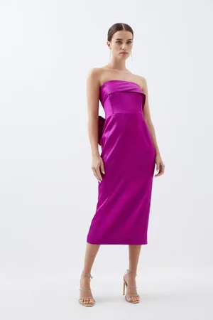 Karen Millen Petite Tailored Italian Satin Bandeau Bow Detail Midi Dress