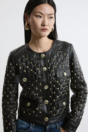 Karen Millen Leather Studded Quilted Trophy Jacket