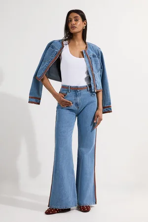 Karen Millen Denim & Faux Leather Tipped Side Skinny Flare Jean