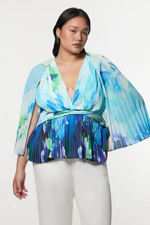 Karen Millen Plus Size Ombre Floral Soft Pleated Woven Blouse With Cape