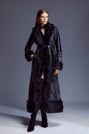 Karen Millen Leather & Shearling Cuff And Collar Maxi Coat