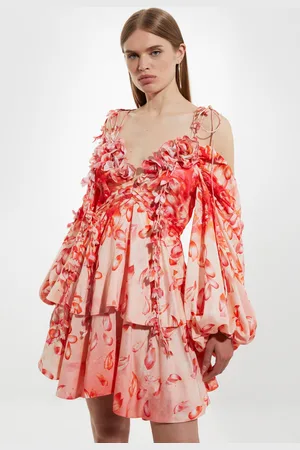 Karen Millen Petite Floral Applique Woven Cold Shoulder Woven Mini Dress