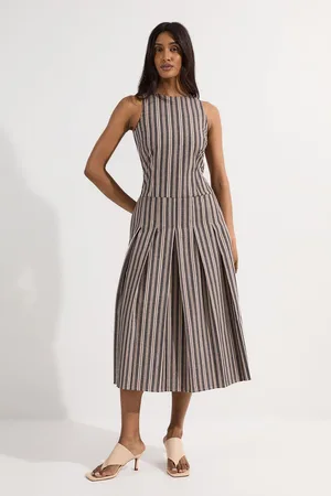 Karen Millen Tailored Stripe Linen Sleeveless Full Skirt Midi Dress