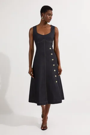 Karen Millen Tailored Denim Sleeveless Full Skirted Midi Dress
