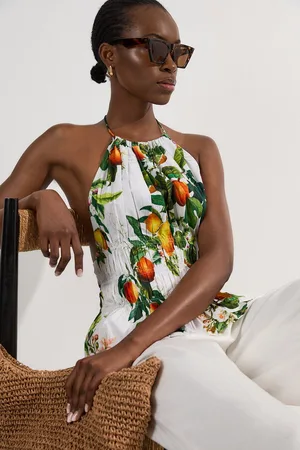 Karen Millen Petite Shirred Cotton Tiered Fruit Print Halter Neck Woven Maxi Dress