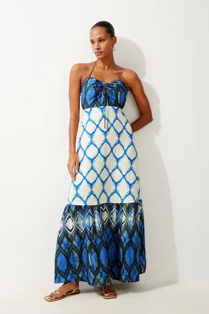 Karen Millen Petite Tile Printed Viscose Linen Woven Maxi Beach Dress