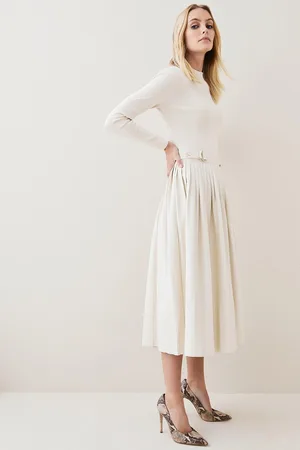 Karen Millen Petite Viscose Blend Knit Pu Pleated Skirt Maxi Dress