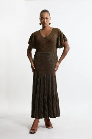 Karen Millen Plus Size Angel Sleeve Sparkle Knit Full Skirted Midaxi Dress