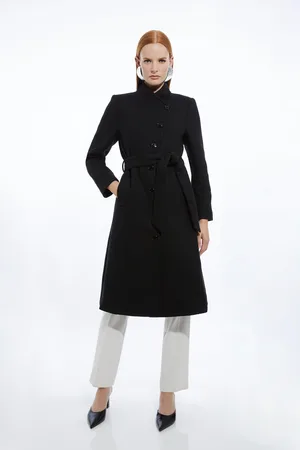 Karen Millen Petite Italian Manteco Wool Blend Asymmetric Button Belted Tailored Midi Coat