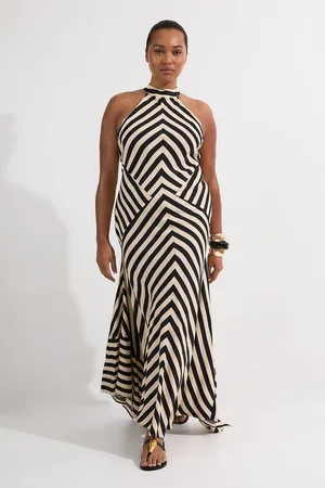 Karen Millen Plus Size Fluid Stripe Cotton Mix Woven Maxi Halter Dress