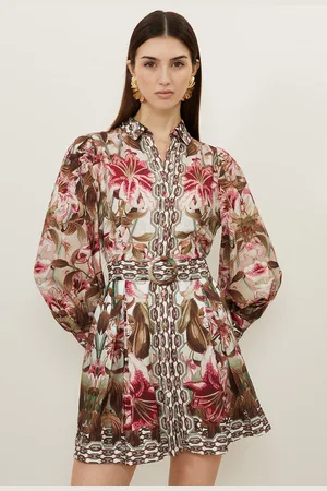 Karen Millen Linen Viscose Border Print Woven Short Dress