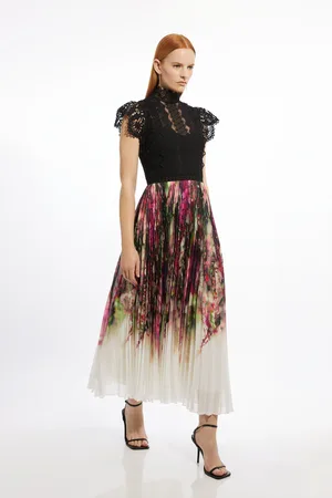 Karen Millen Guipure Lace Floral Printed Pleated Woven Maxi Dress